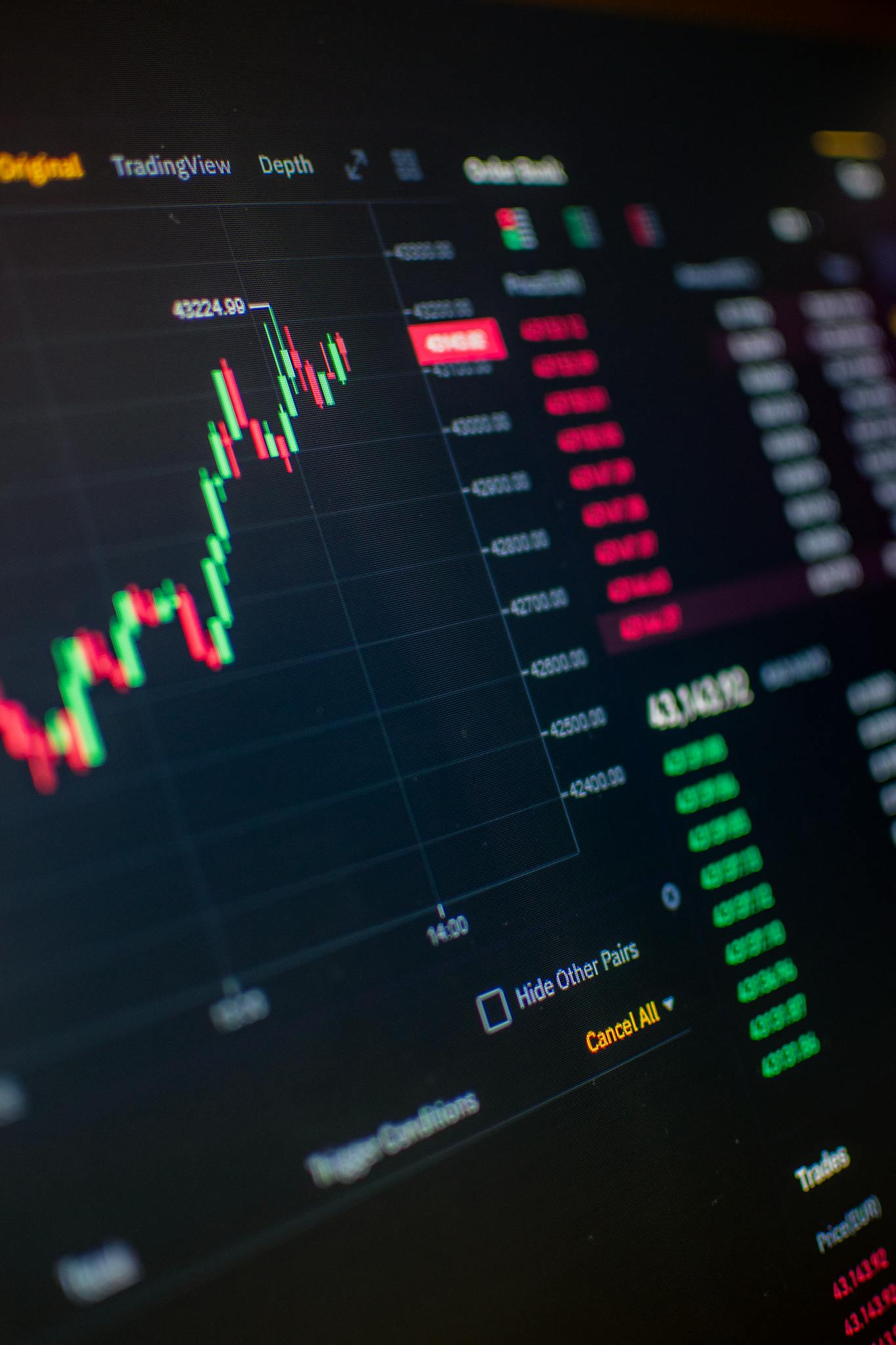 Close-up of a digital screen showing cryptocurrency market trading graph and data.